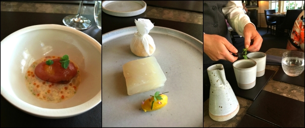 left to right: potato cooked in tendon w/ trout roe and dill, poached halibut squash and herbs, and duck tea chrysanthemum